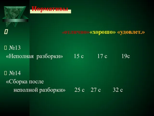 Нормативы «отлично»«хорошо» «удовлет.» №13 «Неполная разборки» 15 с 17 с 19с