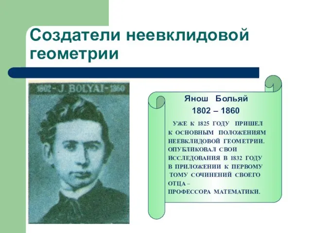 Создатели неевклидовой геометрии Янош Больяй 1802 – 1860 УЖЕ К 1825