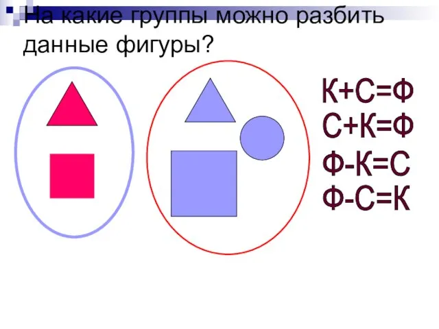 На какие группы можно разбить данные фигуры? К+С=Ф С+К=Ф Ф-К=С Ф-С=К