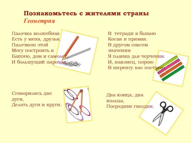 Познакомьтесь с жителями страны Геометрия Палочка волшебная Есть у меня, друзья.