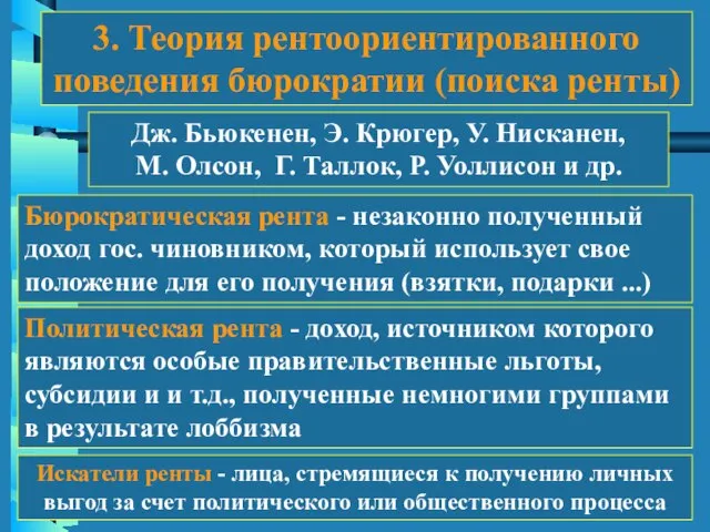 3. Теория рентоориентированного поведения бюрократии (поиска ренты) Дж. Бьюкенен, Э. Крюгер,