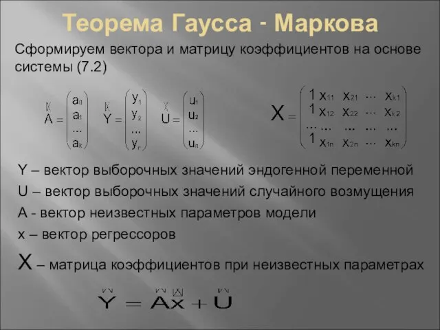 Теорема Гаусса - Маркова Сформируем вектора и матрицу коэффициентов на основе