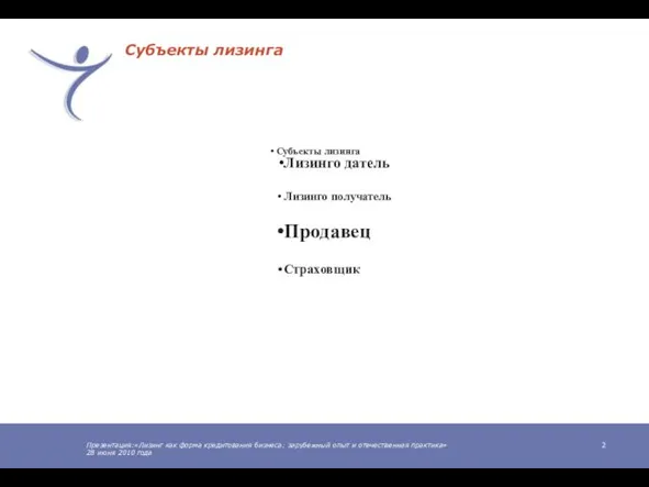 Презентация:«Лизинг как форма кредитования бизнеса: зарубежный опыт и отечественная практика» 28 июня 2010 года Субъекты лизинга