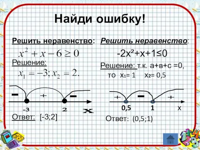 Найди ошибку! Решить неравенство: Решение: Ответ: [-3;2] Решить неравенство: -2х²+х+1≤0 Решение: