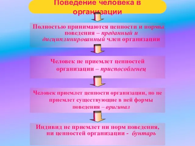 Поведение человека в организации Полностью принимаются ценности и нормы поведения –