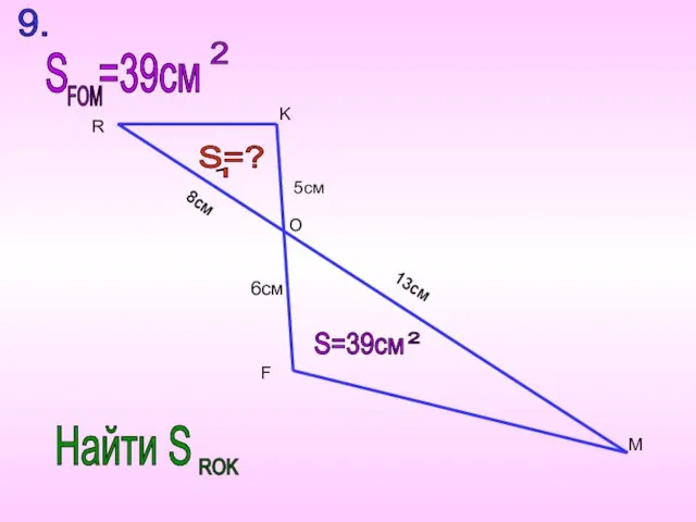 K 13см 6см S=39cм 2 5см 8см S=? 1 R O