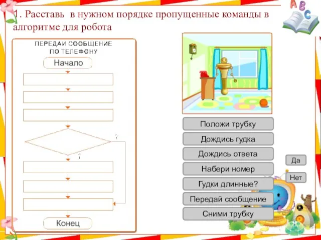 1. Расставь в нужном порядке пропущенные команды в алгоритме для робота