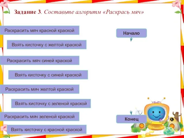 Задание 3. Составьте алгоритм «Раскрась мяч» Начало Конец Взять кисточку с