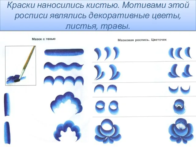 Краски наносились кистью. Мотивами этой росписи являлись декоративные цветы, листья, травы.