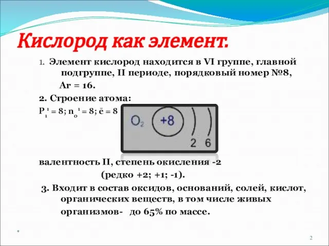 Кислород как элемент. 1. Элемент кислород находится в VI группе, главной