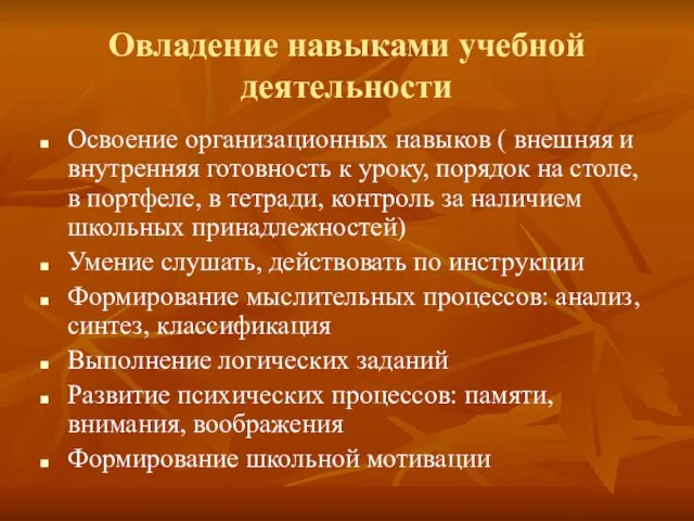 Овладение навыками учебной деятельности Освоение организационных навыков ( внешняя и внутренняя