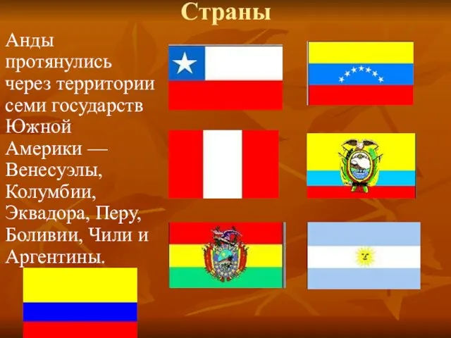 Страны Анды протянулись через территории семи государств Южной Америки — Венесуэлы,