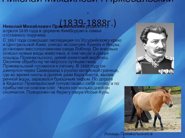 Николай Михайлович Пржевальский . (1839-1888г.) Николай Михайлович Пржевальский родился 12 апреля