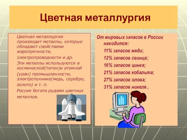 Цветная металлургия Цветная металлургия производит металлы, которые обладают свойствами жаропрочности, электропроводности