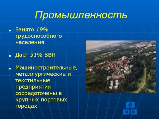 Промышленность Занято 19% трудоспособного населения Дает 31% ВВП Машиностроительные, металлургические и