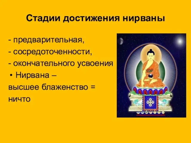 Стадии достижения нирваны - предварительная, - сосредоточенности, - окончательного усвоения Нирвана – высшее блаженство = ничто