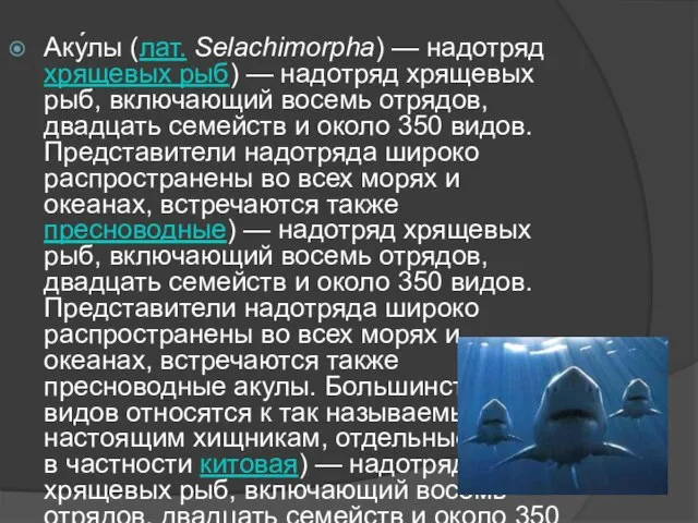 Аку́лы (лат. Selachimorpha) — надотряд хрящевых рыб) — надотряд хрящевых рыб,