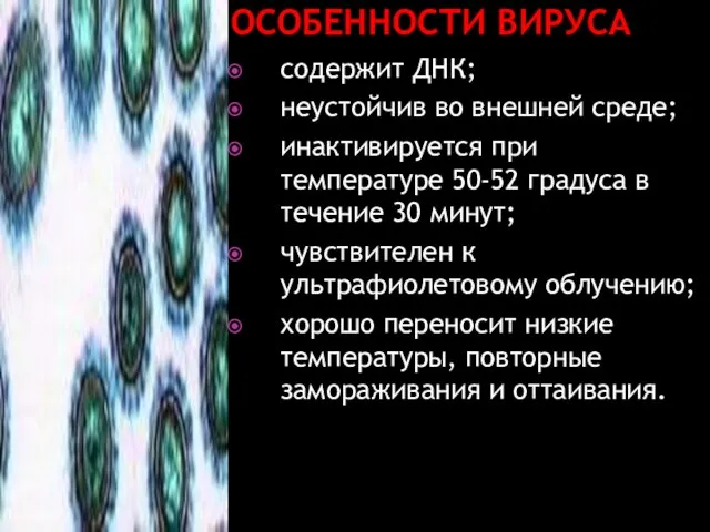 ОСОБЕННОСТИ ВИРУСА содержит ДНК; неустойчив во внешней среде; инактивируется при температуре