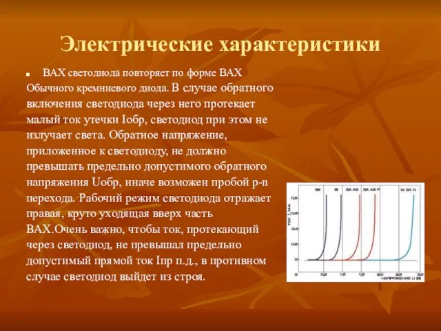 Электрические характеристики ВАХ светодиода повторяет по форме ВАХ Обычного кремниевого диода.