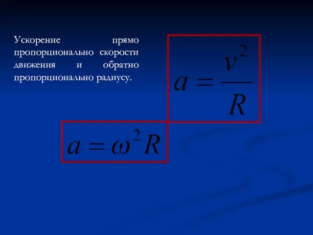 Ускорение прямо пропорционально скорости движения и обратно пропорционально радиусу.