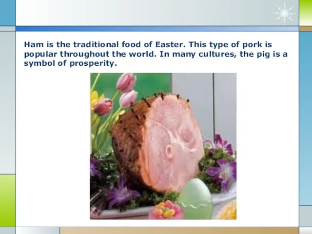 Ham is the traditional food of Easter. This type of pork