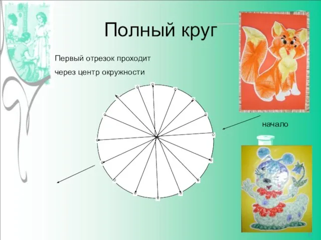 Полный круг Первый отрезок проходит через центр окружности начало