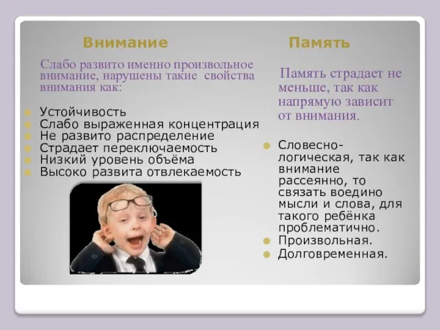 Внимание Память Слабо развито именно произвольное внимание, нарушены такие свойства внимания