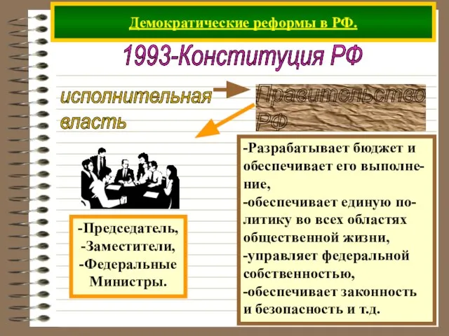 Демократические реформы в РФ. 1993-Конституция РФ исполнительная власть -Разрабатывает бюджет и