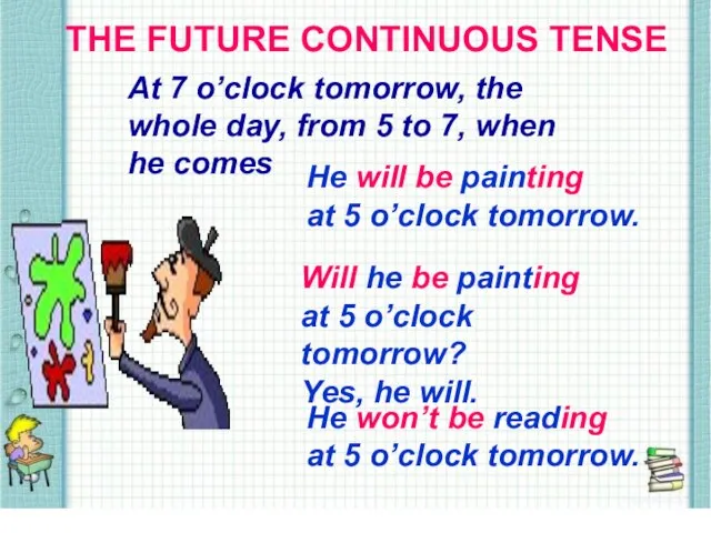 THE FUTURE CONTINUOUS TENSE THE FUTURE CONTINUOUS TENSE At 7 o’clock