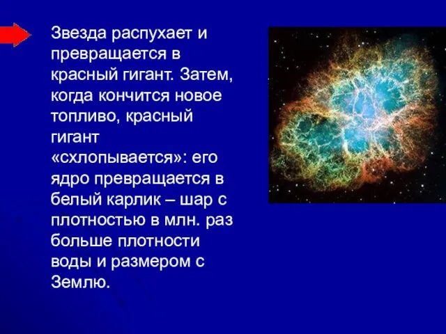 Звезда распухает и превращается в красный гигант. Затем, когда кончится новое