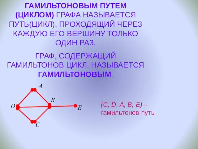 ГАМИЛЬТОНОВЫМ ПУТЕМ(ЦИКЛОМ) ГРАФА НАЗЫВАЕТСЯ ПУТЬ(ЦИКЛ), ПРОХОДЯЩИЙ ЧЕРЕЗ КАЖДУЮ ЕГО ВЕРШИНУ ТОЛЬКО