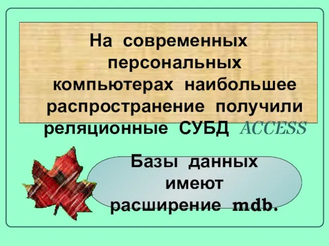 На современных персональных компьютерах наибольшее распространение получили реляционные СУБД ACCESS Базы данных имеют расширение mdb.