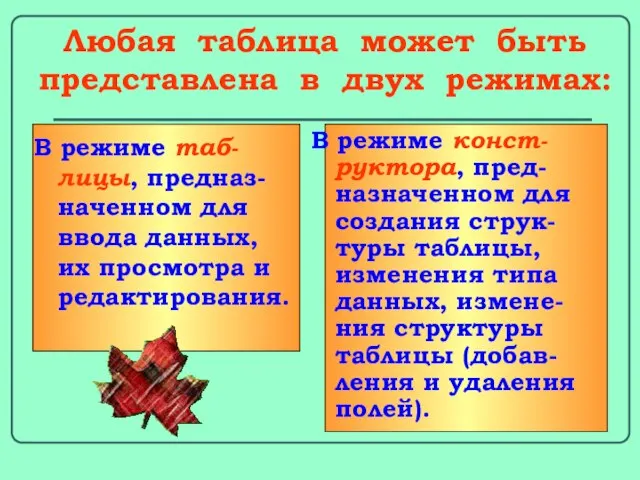 Любая таблица может быть представлена в двух режимах: В режиме таб-лицы,