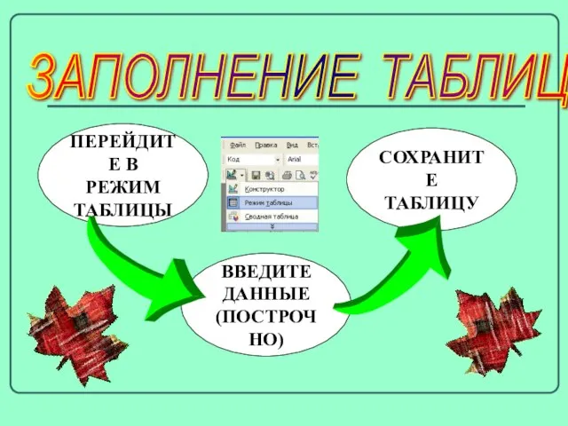 ЗАПОЛНЕНИЕ ТАБЛИЦЫ ПЕРЕЙДИТЕ В РЕЖИМ ТАБЛИЦЫ ВВЕДИТЕ ДАННЫЕ (ПОСТРОЧНО) СОХРАНИТЕ ТАБЛИЦУ