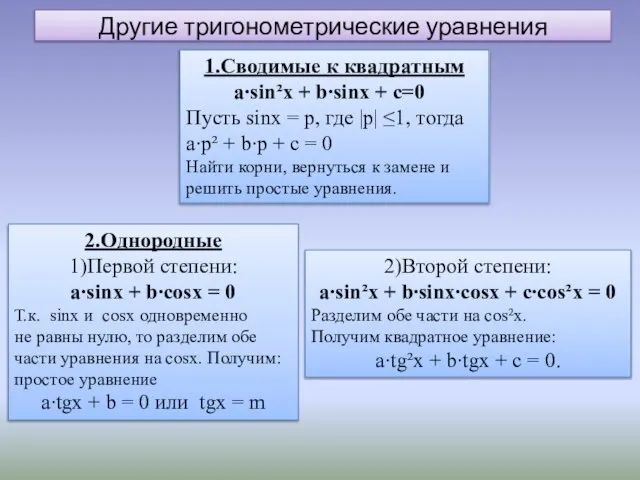 Другие тригонометрические уравнения 1.Сводимые к квадратным a∙sin²x + b∙sinx + c=0