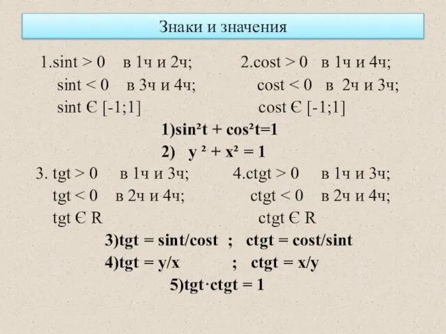 Знаки и значения 1.sint > 0 в 1ч и 2ч; 2.cost