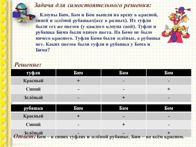 Задача для самостоятельного решения: Клоуны Бим, Бам и Бом вышли на