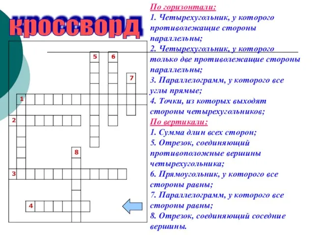 4 кроссворд По горизонтали: 1. Четырехугольник, у которого противолежащие стороны параллельны;