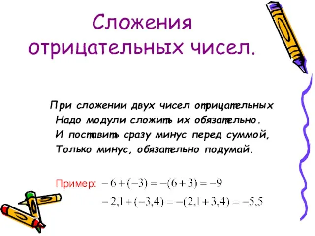 Сложения отрицательных чисел. При сложении двух чисел отрицательных Надо модули сложить