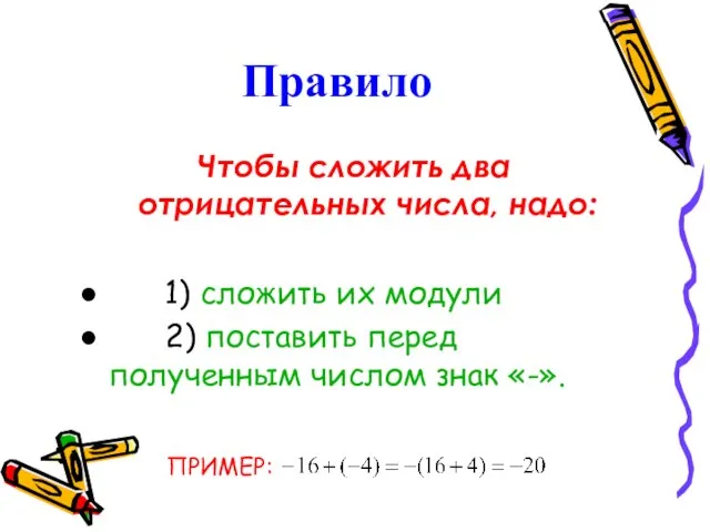 Правило Чтобы сложить два отрицательных числа, надо: 1) сложить их модули