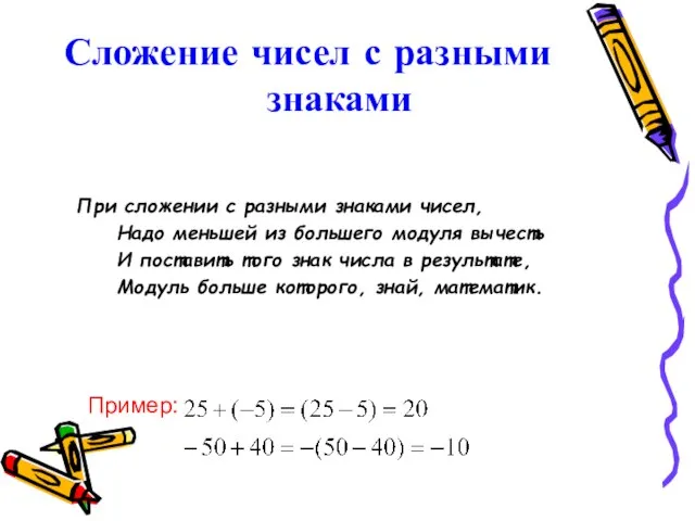 Сложение чисел с разными знаками При сложении с разными знаками чисел,