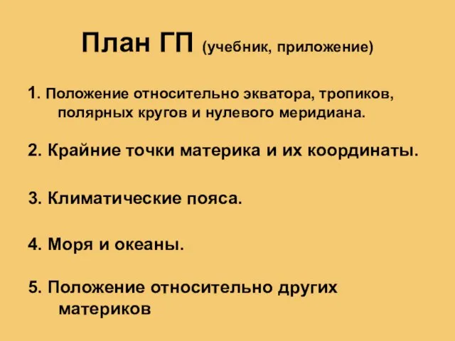 План ГП (учебник, приложение) 1. Положение относительно экватора, тропиков, полярных кругов