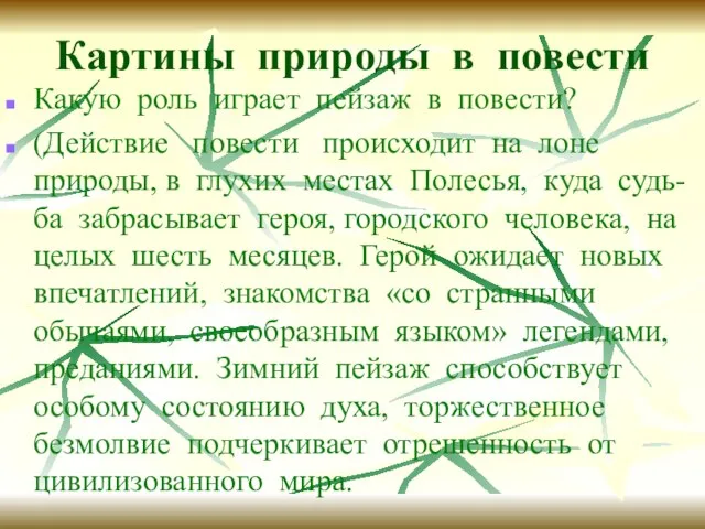 Картины природы в повести Какую роль играет пейзаж в повести? (Действие