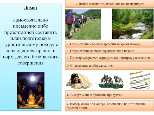 Дома: самостоятельно письменно либо презентацией составить план подготовки к туристическому походу