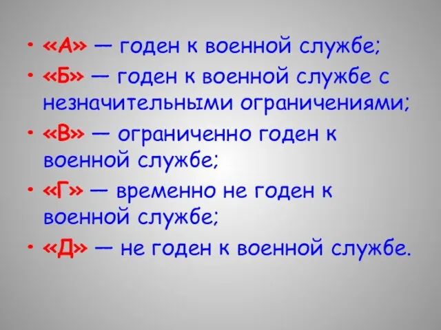 «А» — годен к военной службе; «Б» — годен к военной