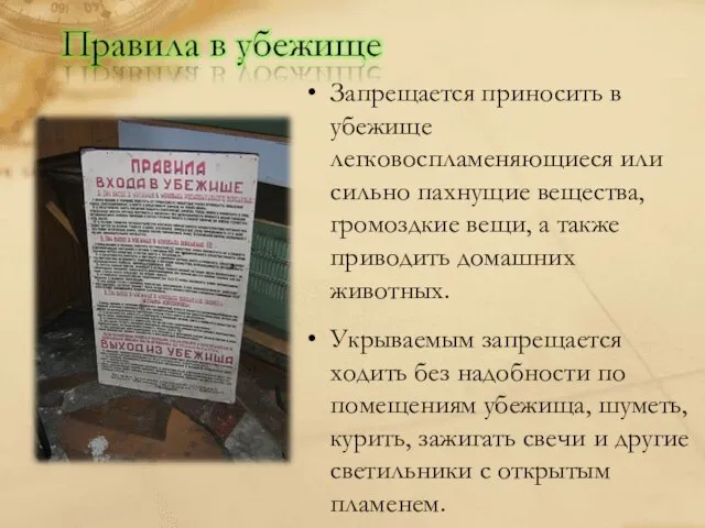 Запрещается приносить в убежище легковоспламеняющиеся или сильно пахнущие вещества, громоздкие вещи,