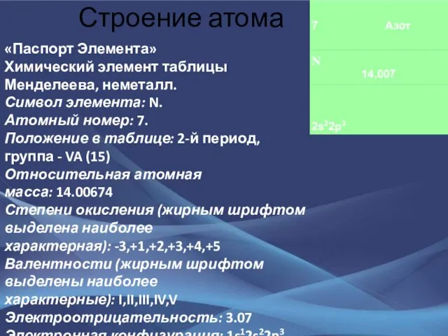 Строение атома «Паспорт Элемента» Химический элемент таблицы Менделеева, неметалл. Символ элемента: