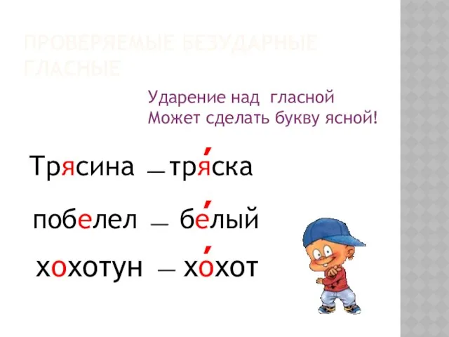 ПРОВЕРЯЕМЫЕ БЕЗУДАРНЫЕ ГЛАСНЫЕ хохотун Ударение над гласной Может сделать букву ясной!