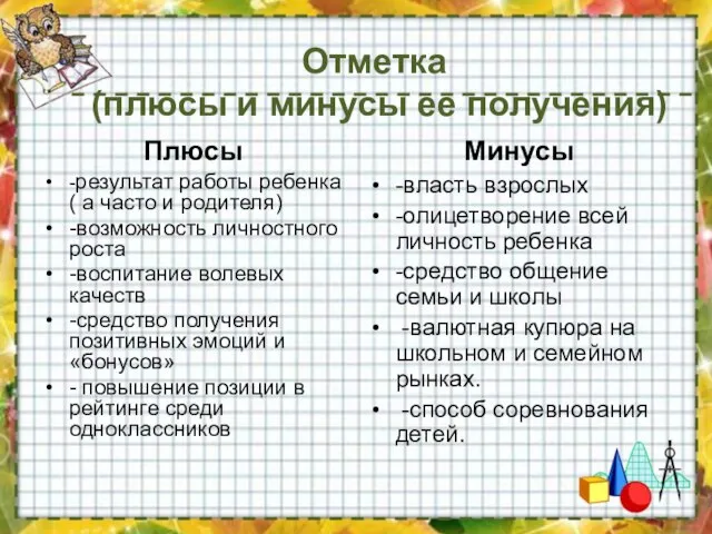 Отметка (плюсы и минусы ее получения) Плюсы -результат работы ребенка (