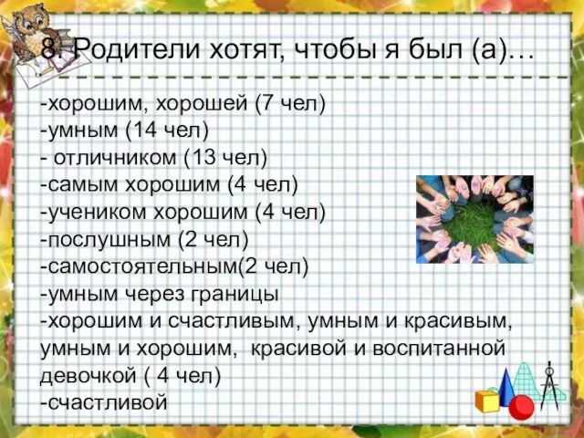 -хорошим, хорошей (7 чел) -умным (14 чел) - отличником (13 чел)